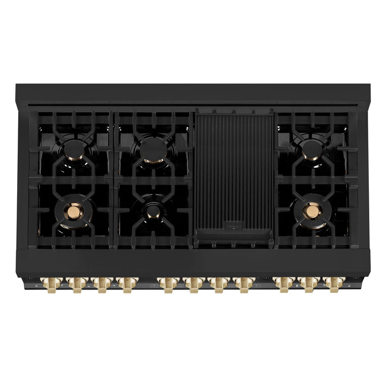 ZLINE Autograph Package - 48 In. Dual Fuel Range, Range Hood and Dishwasher in Black Stainless Steel with Gold Accents, 3AKPR-RABRHDWV48-G