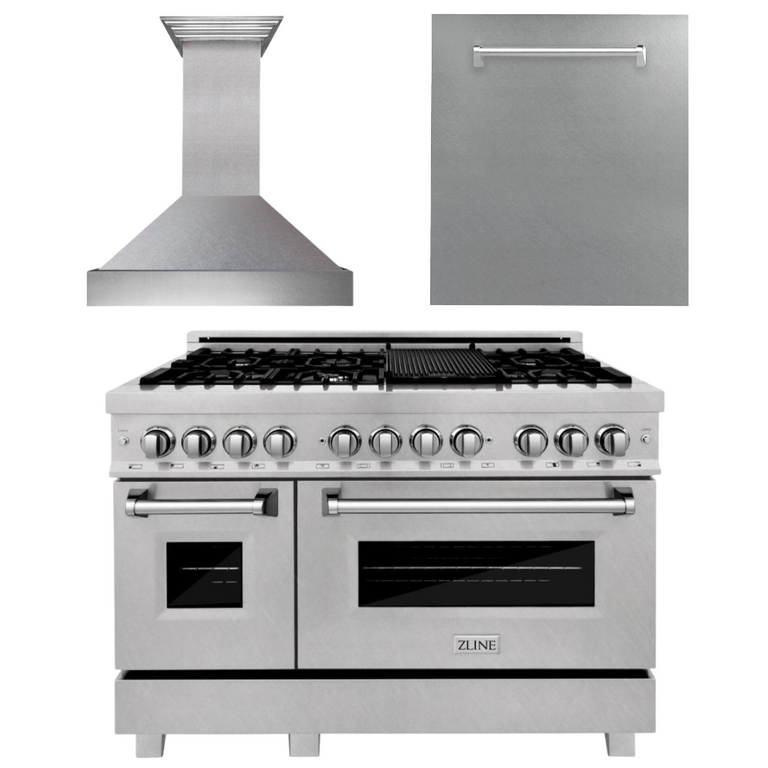 ZLINE 48 in. Kitchen Appliance Package with DuraSnow® Stainless Dual Fuel Range, Ducted Vent Range Hood and Dishwasher, 3KP-RASRH48-DW