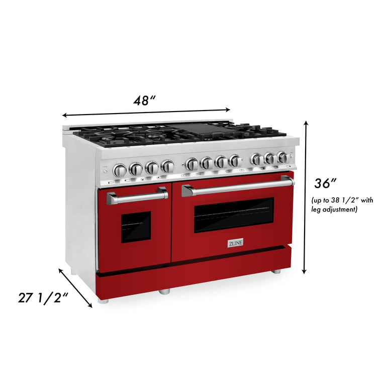 ZLINE 48 in. Professional Gas Burner/Electric Oven Stainless Steel 6.0 cu.ft. 7 Range - Red Gloss Door, RA-RG-48