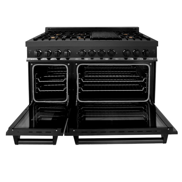 ZLINE Black Stainless Steel Appliance Package - 48 in. Dual Fuel Range, Range Hood, Microwave, Dishwasher, 4KP-RABRH48-MWDW