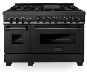 ZLINE Appliance Package - 48 In. Gas Range, Refrigerator, Range Hood, Microwave Drawer in Black Stainless Steel, 4KPR-SGRBRH48-MW