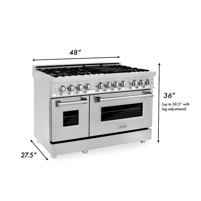 ZLINE Package - 48" Dual Fuel Range, Refrigerator with Water and Ice Dispenser, Range Hood and Dishwasher in Stainless Steel