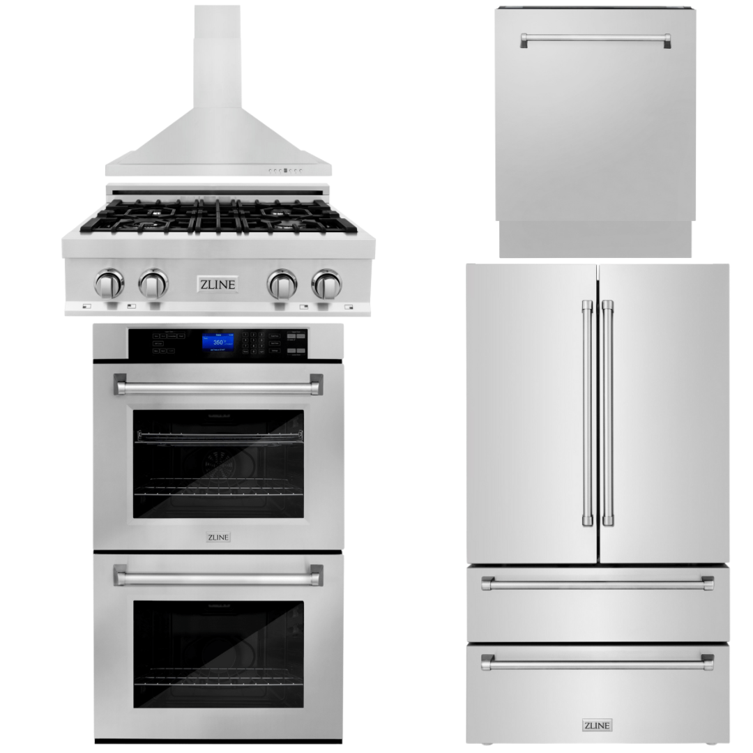 ZLINE Appliance Package - 30 In. Gas Rangetop, Range Hood, Refrigerator, Dishwasher and Wall Oven in Stainless Steel