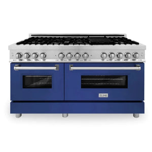 ZLINE 60 In. Professional Dual Fuel Range in DuraSnow® Stainless Steel with Blue Gloss Door, RAS-BG-60
