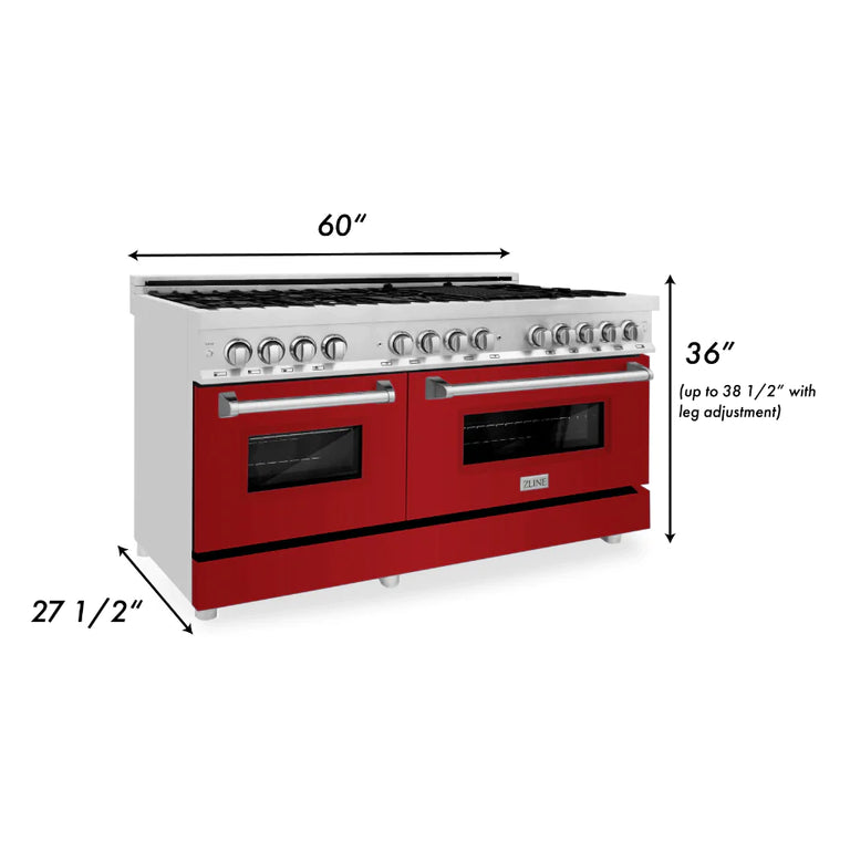 ZLINE 60 In. Professional Dual Fuel Range in DuraSnow®Stainless Steel with Red Gloss Door, RAS-RG-60