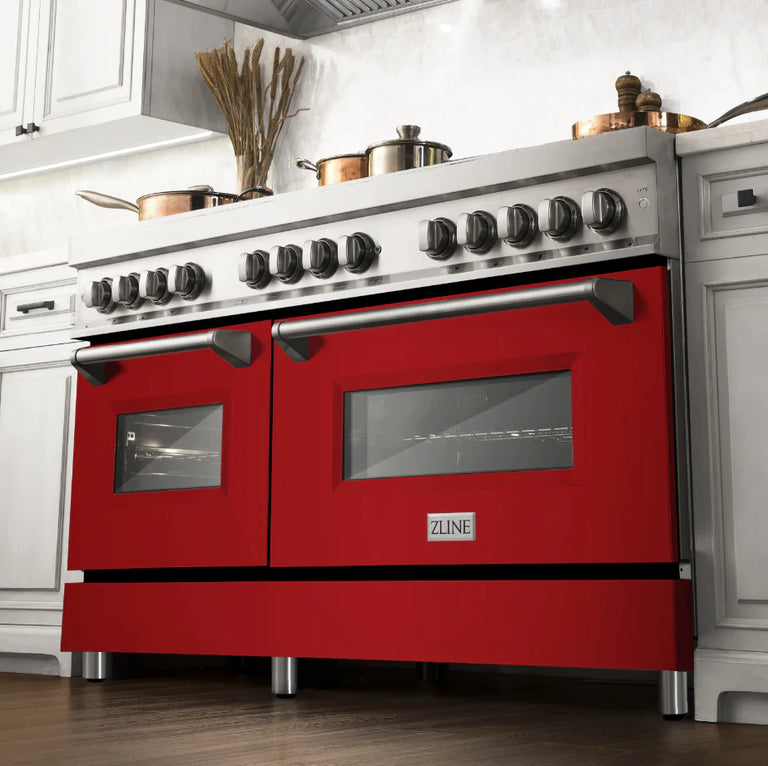 ZLINE 60 In. Professional Dual Fuel Range in Stainless Steel with Red Gloss Door, RA-RG-60