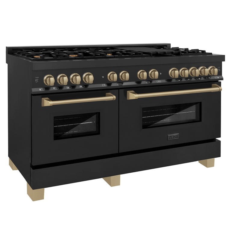 ZLINE 60 Inch Autograph Edition Dual Fuel Range in Black Stainless Steel with Champagne Bronze Accents, RABZ-60-CB