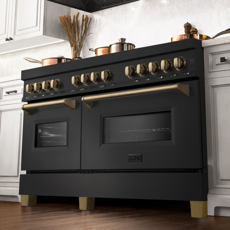 ZLINE 60 Inch Autograph Edition Dual Fuel Range in Black Stainless Steel with Champagne Bronze Accents, RABZ-60-CB