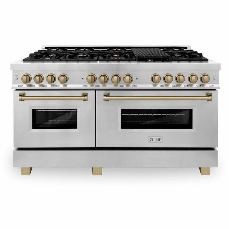 ZLINE 60 Inch Autograph Edition Dual Fuel Range in Stainless Steel with Champagne Bronze Accents, RAZ-60-CB