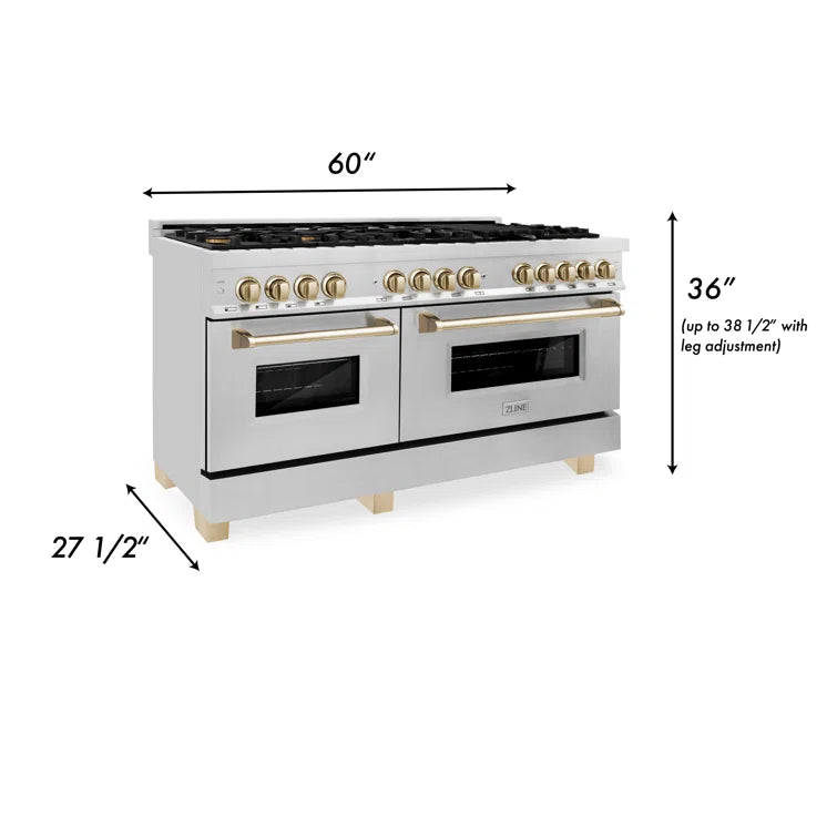 ZLINE 60 Inch Autograph Edition Dual Fuel Range in Stainless Steel with Gold Accents, RAZ-60-G