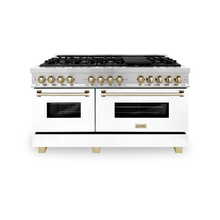 ZLINE 60 Inch Autograph Edition Dual Fuel Range in Stainless Steel with White Matte Door and Gold Accents, RAZ-WM-60-G
