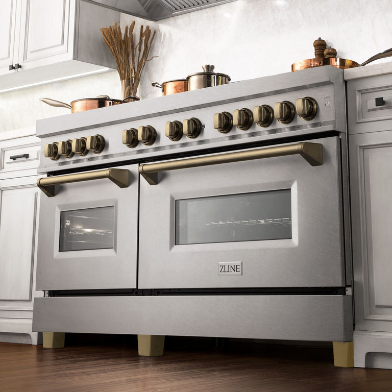 ZLINE 60 Inch Autograph Edition Dual Fuel Range in DuraSnow Stainless Steel with Champagne Bronze Accents, RASZ-SN-60-CB