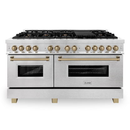 ZLINE 60 Inch Autograph Edition Dual Fuel Range in DuraSnow Stainless Steel with Champagne Bronze Accents, RASZ-SN-60-CB