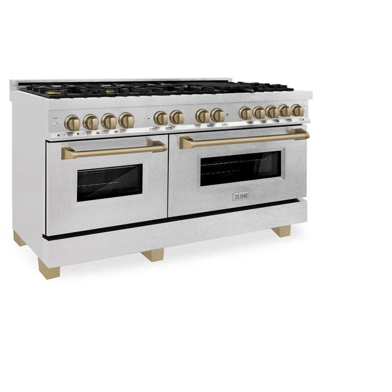 ZLINE 60 Inch Autograph Edition Dual Fuel Range in DuraSnow Stainless Steel with Champagne Bronze Accents, RASZ-SN-60-CB
