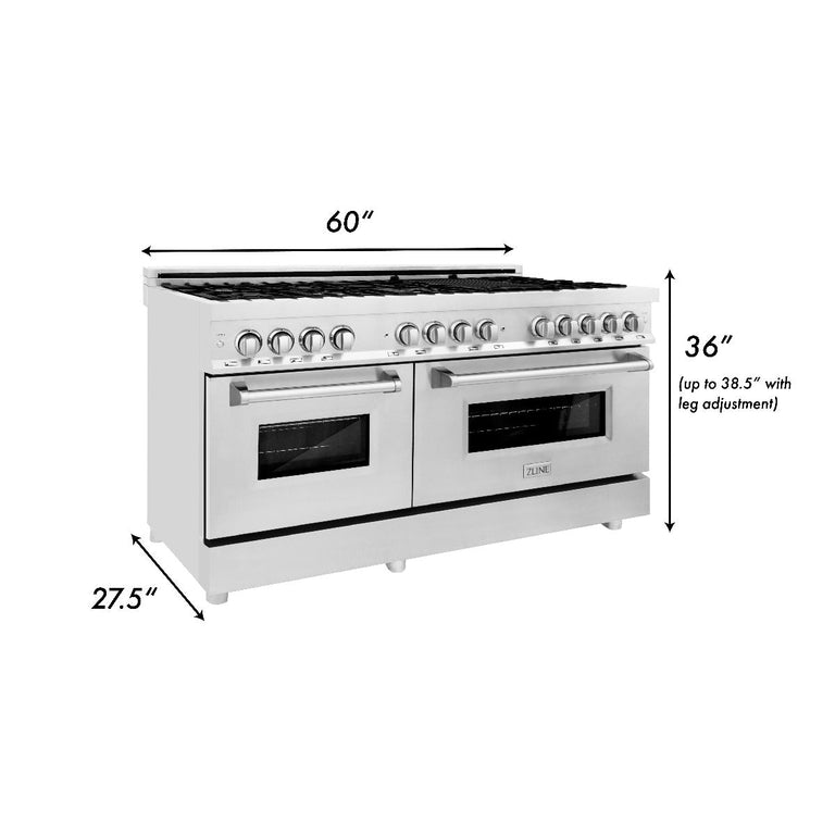ZLINE Package - 60" Dual Fuel Range, Range Hood, Microwave, Dishwasher, Refrigerator with Water and Ice Dispenser