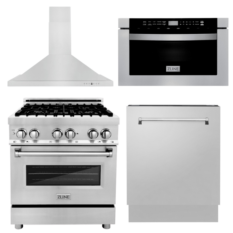 ZLINE Appliance Package - 30 in. Dual Fuel Range, 30 in. Range Hood, Microwave Drawer, 3 Rack Dishwasher, 4KP-RARH30-MWDWV