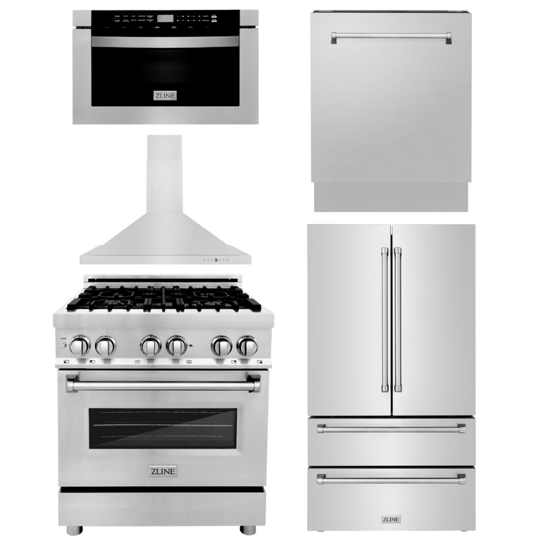 ZLINE Appliance Package - 30 in. Dual Fuel Range, 30 in. Range Hood, Microwave Drawer, 3 Rack Dishwasher, Refrigerator, 5KPR-RARH30-MWDWV