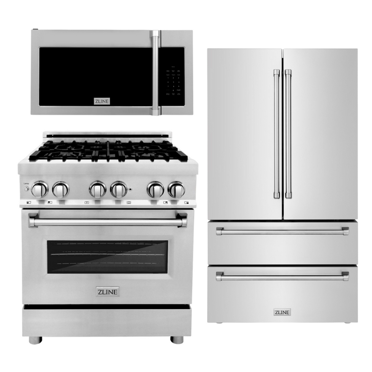 ZLINE Appliance Package - 30 in. Dual Fuel Range, Microwave Oven, Refrigerator, 3KPR-RAOTRH30