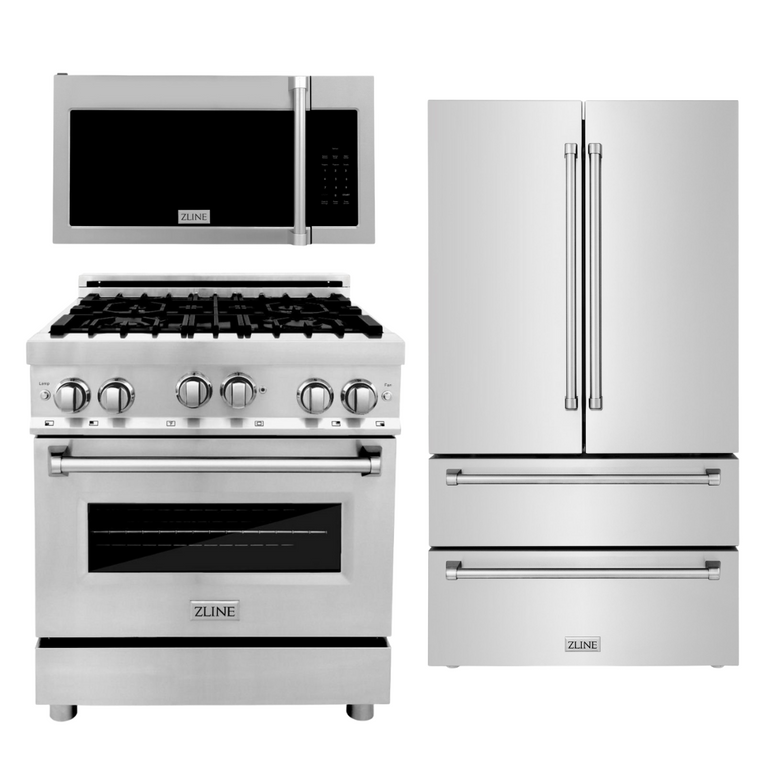 ZLINE Appliance Package - 30 in. Gas Range, Over-the-Range Microwave, Refrigerator, 3KPR-RGOTRH30