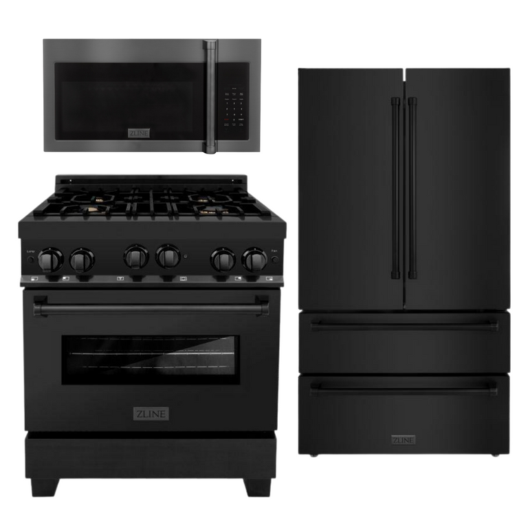 ZLINE Appliance Package - 30 in. Gas Range, Microwave, Refrigerator in Black Stainless, 3KPR-RGBOTRH30