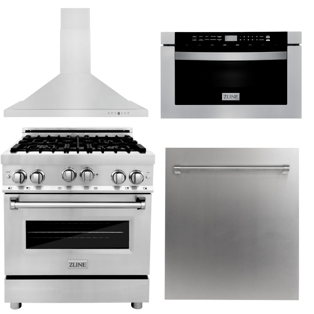 ZLINE Appliance Package - 30 in. Gas Range, Range Hood, Microwave Drawer, Dishwasher, 4KP-RGRH30-MWDW