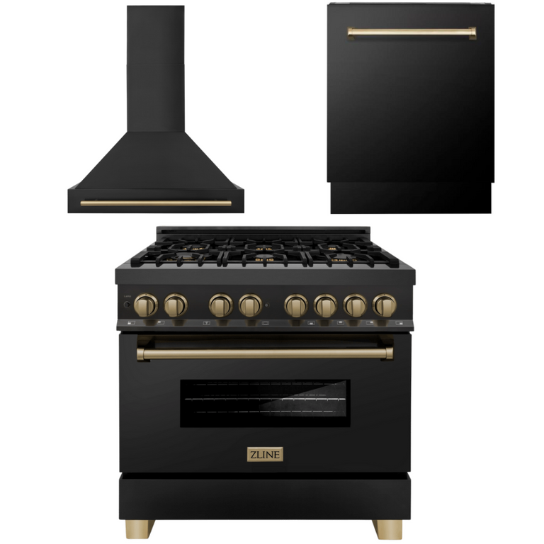 ZLINE Autograph Package - 36 In. Dual Fuel Range, Range Hood, Dishwasher in Black Stainless Steel with Champagne Bronze Accent, 3AKP-RABRHDWV36-CB