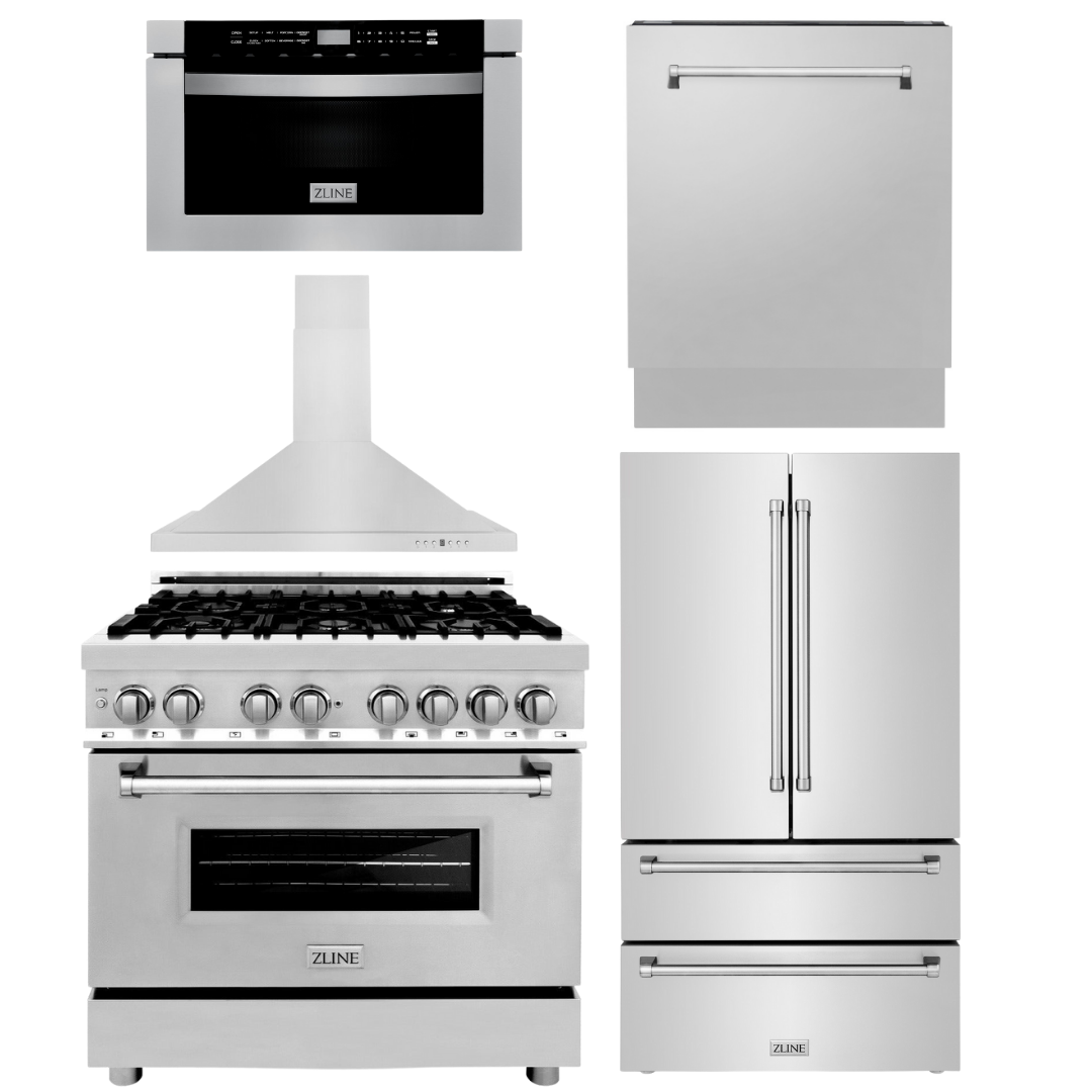 ZLINE Appliance Package - 36 in. Dual Fuel Range, 36 in. Range Hood, Microwave Drawer, 3 Rack Dishwasher, Refrigerator, 5KPR-RARH36-MWDWV