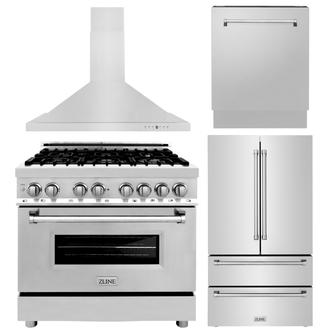 ZLINE Appliance Package - 36 in. Dual Fuel Range, Range Hood, 3 Rack Dishwasher, Refrigerator, 4KPR-RARH36-DWV