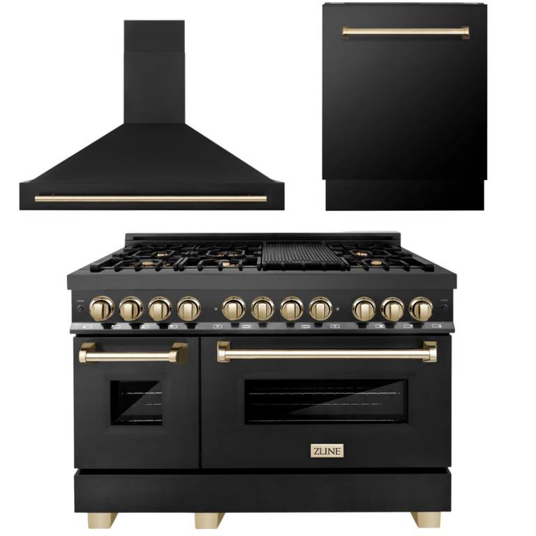 ZLINE Autograph Package - 48 In. Dual Fuel Range, Range Hood, Dishwasher in Black Stainless Steel with Gold Accent, 3AKP-RABRHDWV48-G