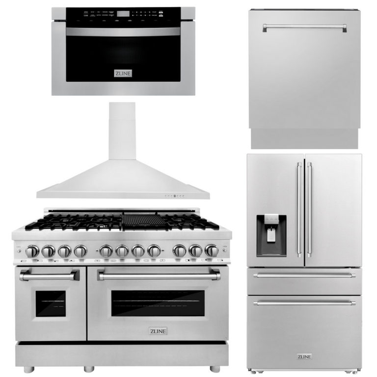 ZLINE Appliance Package - 48" Dual Fuel Range, Range Hood, Microwave, Dishwasher, Refrigerator with Water & Ice Dispenser
