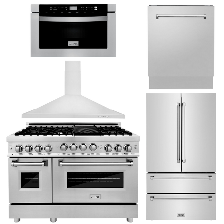 ZLINE Appliance Package - 48 in. Gas Range, Range Hood, Microwave Drawer, 3 Rack Dishwasher, Refrigerator, 5KPR-RGRH48-MWDWV