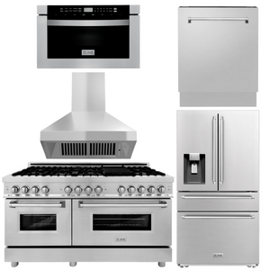 ZLINE Appliance Package - 60 In. Dual Fuel Range, Range Hood, Microwave Drawer, Dishwasher, Refrigerator with Water and Ice Dispenser, 5KPRW-RARH60-MWDWV
