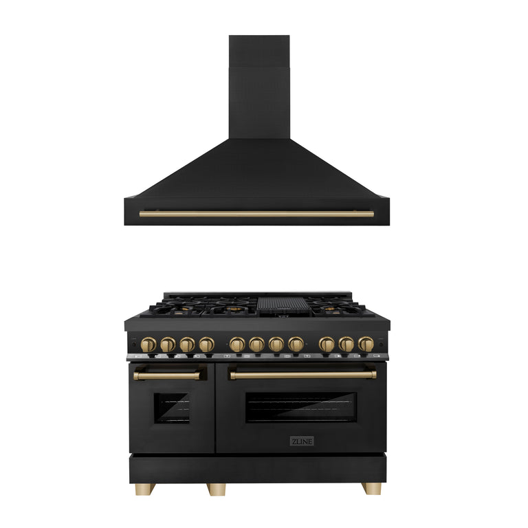 ZLINE Autograph Package - 48 In. Dual Fuel Range, Range Hood in Black Stainless Steel with Champagne Bronze Accents, 2AKP-RABRH48-CB