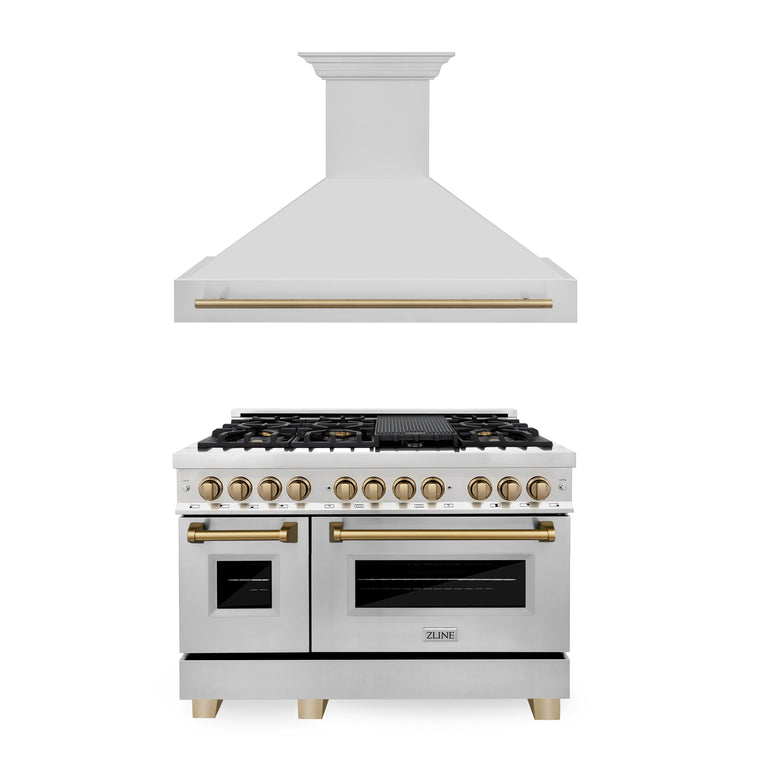 ZLINE Autograph Package - 48 In. Dual Fuel Range, Range Hood in Stainless Steel with Champagne Bronze Accents, 2AKP-RARH48-CB