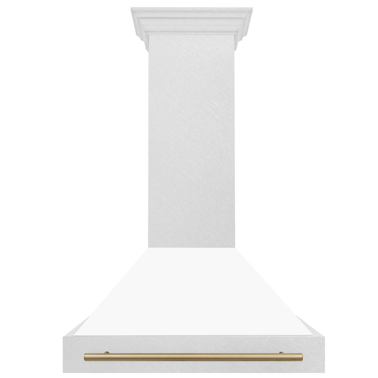 ZLINE Autograph 36 Inch DuraSnow® Stainless Steel Range Hood with White Matte Shell and Champagne Bronze Handle, 8654SNZ-WM36-CB