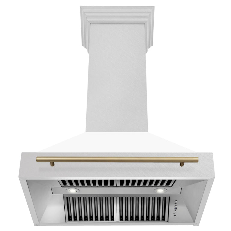 ZLINE Autograph 36 Inch DuraSnow® Stainless Steel Range Hood with White Matte Shell and Champagne Bronze Handle, 8654SNZ-WM36-CB