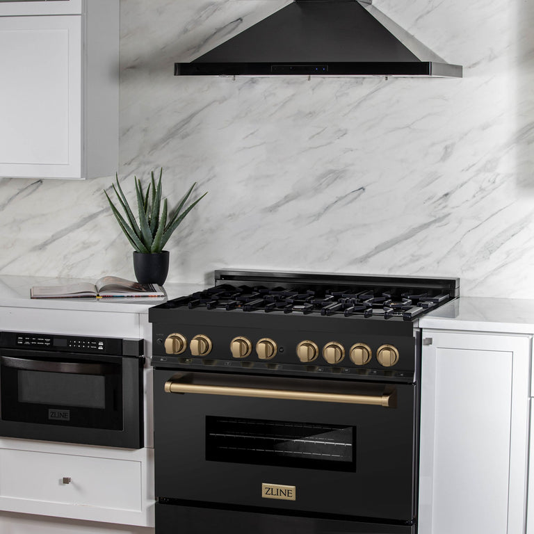 ZLINE Autograph Package - 36 In. Dual Fuel Range, Range Hood, Dishwasher in Black Stainless Steel with Champagne Bronze Accent, 3AKP-RABRHDWV36-CB