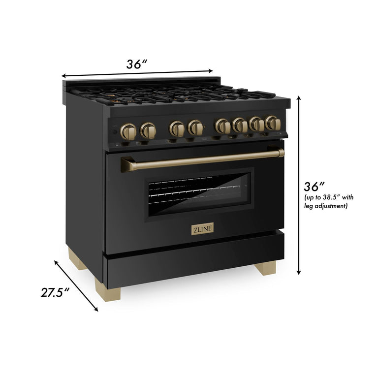 ZLINE Autograph Package - 36" Dual Fuel Range, Range Hood, Refrigerator, Dishwasher in Black Stainless with Bronze Accents