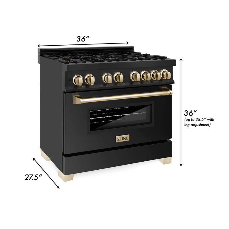 ZLINE Autograph Package - 36" Dual Fuel Range, Range Hood, Refrigerator with Water & Ice Dispenser, Dishwasher in Black Stainless, Gold Accents