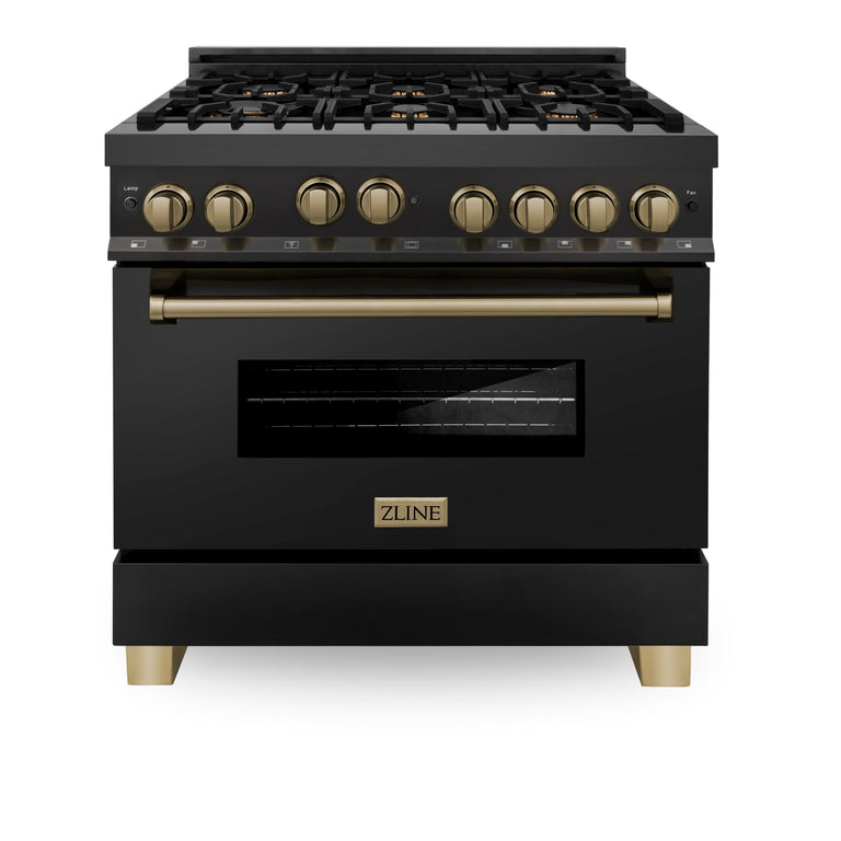ZLINE Autograph Package - 36 In. Gas Range, Range Hood, Dishwasher in Black Stainless Steel with Champagne Bronze Accents, 3AKP-RGBRHDWV36-CB