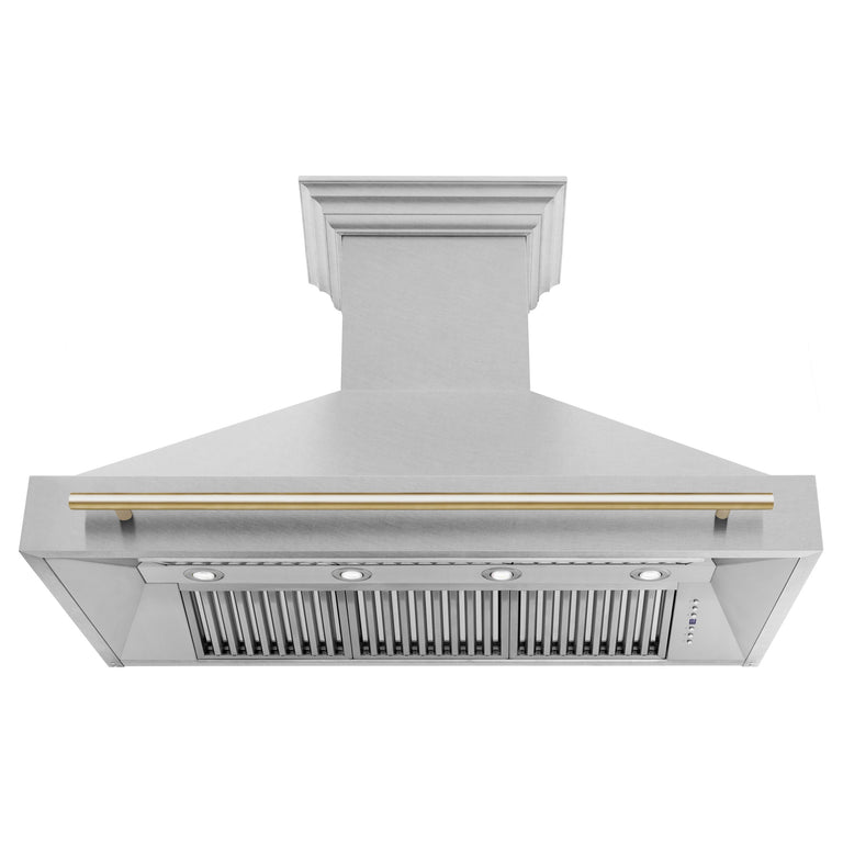 ZLINE Autograph Package - 48 In. Gas Range and Range Hood in DuraSnow® Stainless Steel with Gold Accents, 2AKPR-RGSRH48-G