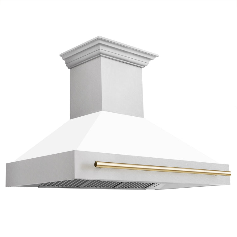 ZLINE Autograph Package - 48 In. Gas Range and Range Hood in DuraSnow® Stainless Steel with White Matte Door and Gold Accents, 2AKPR-RGSWMRH48-G
