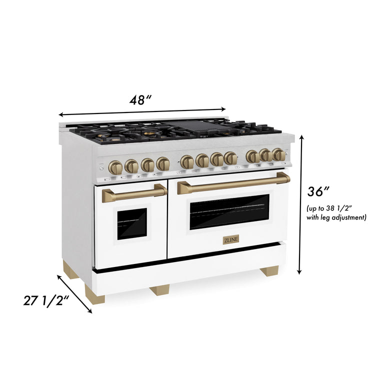 ZLINE Autograph Package - 48 In. Dual Fuel Range, Range Hood, and Dishwasher with White Matte Finish and Bronze Accents, 3AKPR-RASWMRHDWM48-CB