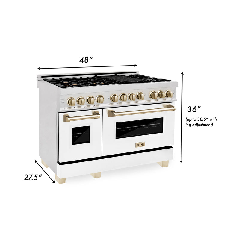 ZLINE Autograph Package - 48" Dual Fuel Range, Range Hood in DuraSnow® Stainless Steel, White Matte Finish, Gold Accents
