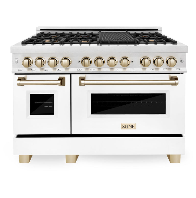 ZLINE Autograph Package - 48 In. Dual Fuel Range, Range Hood and Dishwasher with White Matte Door and Gold Accents, 3AKPR-RASWMRHDWM48-G