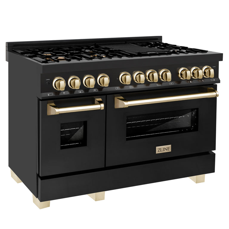ZLINE Autograph Package - 48 In. Dual Fuel Range, Range Hood and Dishwasher in Black Stainless Steel with Gold Accents, 3AKPR-RABRHDWV48-G