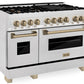 ZLINE Autograph 48 in. Gas Burner, Electric Oven in DuraSnow® Stainless Steel with Champagne Bronze Accents, RASZ-SN-48-CB