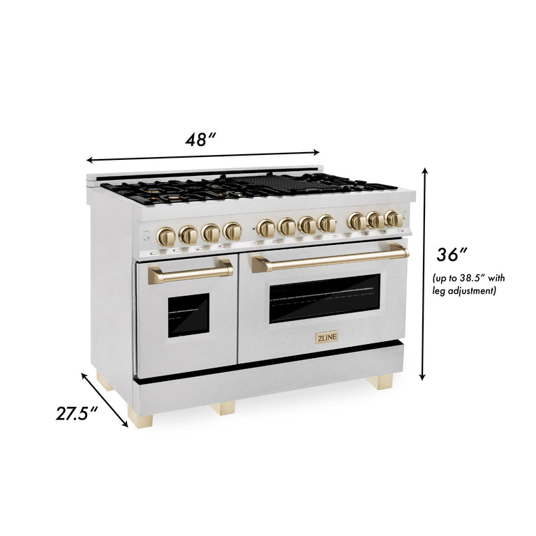 ZLINE Autograph Package - 48 In. Dual Fuel Range and Range Hood in DuraSnow® Stainless Steel with Gold Accents, 2AKPR-RASRH48-G
