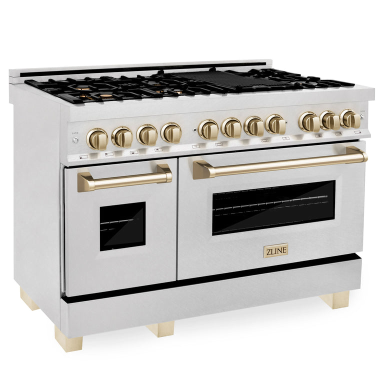 ZLINE Autograph Package - 48 In. Dual Fuel Range and Range Hood in DuraSnow® Stainless Steel with Gold Accents, 2AKPR-RASRH48-G