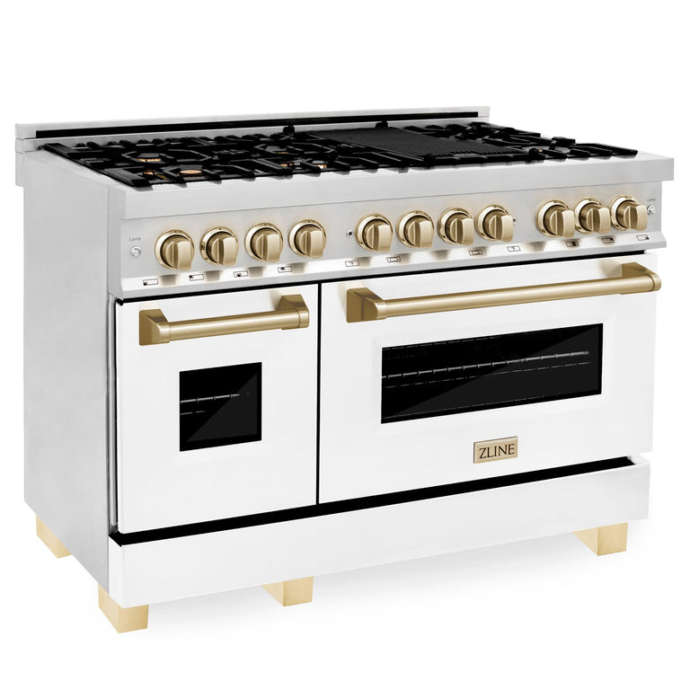 ZLINE Autograph Package - 48 In. Dual Fuel Range, Range Hood, and Dishwasher with White Matte Finish and Gold Accents, 3AKPR-RAWMRH48-G